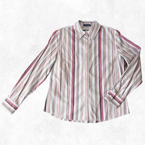 Faconnable Striped Button Front Shirt Women's M Pink Tan Cotton Long Sleeve